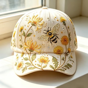 Gorra de béisbol bordada con abeja y flores silvestres, sombrero de mujer inspirado en la naturaleza, accesorio de jardín para primavera, sombrero estilo cottagecore, regalo para amantes de la naturaleza.
