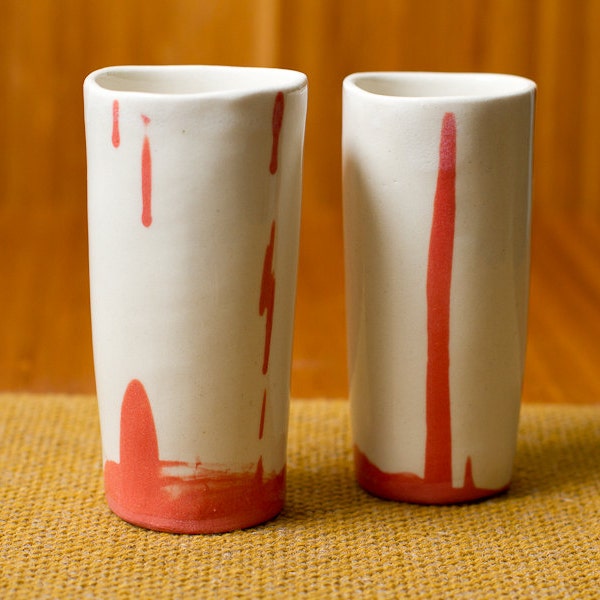 50% off Sale, 2 piece set of Salmon Pink and White Stoneware sake cups, graphic ceramic Pottery Cups, - Unique ready to ship his and hers