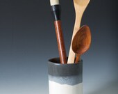 Matte Black, Grey and White Utensil / Brush Holder / Vase - Ceramic Pottery - ready to ship gift