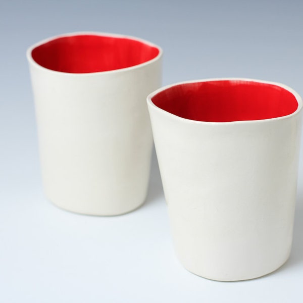 Red and White Handmade Ceramic / Pottery Cup / Tumbler - Simple, Modern and Bright - ready to ship gift