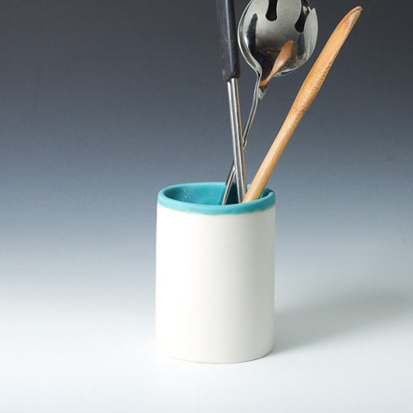 15% off Matte Turquoise and White Vase or Utensil / Brush Holder - Cylindrical Large Jar, Stoneware Ceramic Pottery - Modern Minimal - gift