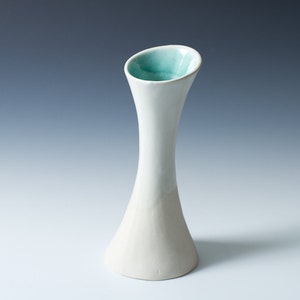 30% off Porcelain Matte White and Turquoise Hourglass Flower Bud Vase 7.5" high /  Unique gift - Ceramic Pottery - ready to ship