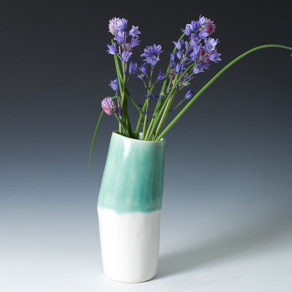 7"  "Hip Vase" Gloss Turquoise and White Matte Stoneware Flower Vase /  Hand built - Contemporary unique flower gift Modern Ceramic Pottery
