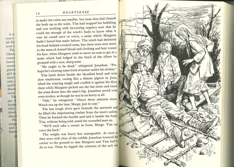 May include: An illustration from a book depicts a wounded person lying on a makeshift stretcher, surrounded by concerned onlookers. The black and white drawing has a vintage feel, with detailed shading and a dramatic composition.