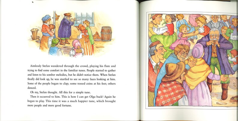 May include: A vibrant illustration from a children's book shows a gathering of people in traditional attire. A man plays a flute, with others dancing and listening. The scene is rich with warm colours and a sense of community.