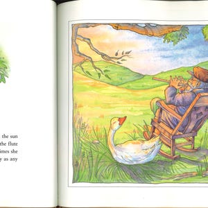 May include: A children's book illustration depicting a man playing a flute in a rocking chair under a tree. A white goose is in the foreground. The background shows a field, sunset, and a small building.