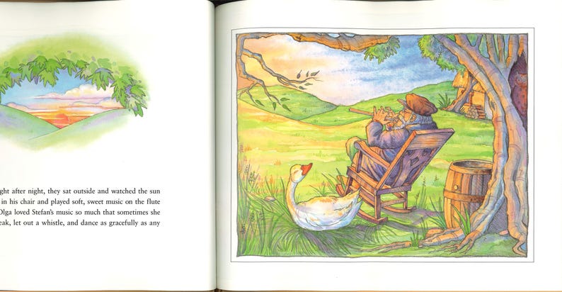 May include: A children's book illustration depicting a man playing a flute in a rocking chair under a tree. A white goose is in the foreground. The background shows a field, sunset, and a small building.
