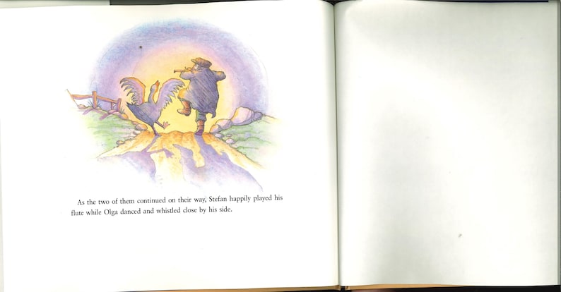 May include: A vibrant illustration from a children's book shows a man playing a flute, with a goose nearby. The scene is set on a hill with a fence, under a soft, glowing sky. Text at the bottom describes the scene.