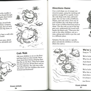 May include: A two-page spread from a children's book about crabs. The left page features crab facts and a drawing of children demonstrating a crab walk. The right page includes a directions game and a song about crabs.