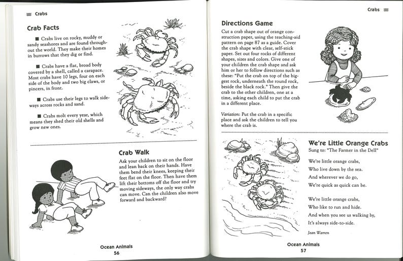 May include: A two-page spread from a children's book about crabs. The left page features crab facts and a drawing of children demonstrating a crab walk. The right page includes a directions game and a song about crabs.