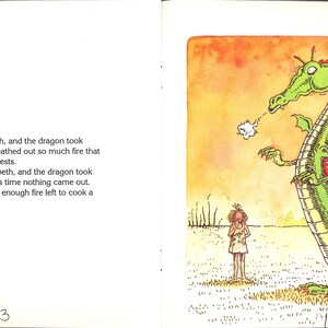 May include: A book page spread featuring a green dragon with a red spine and a small figure standing in a field. The text reads: "Fantastic," said Elizabeth, and the dragon took another huge breath and breathed out so much fire that he burnt up one hundred forests. "Magnificent," said Elizabeth, and the dragon took another huge breath, but this time nothing came out. The dragon didn't even have enough fire left to cook a meatball.