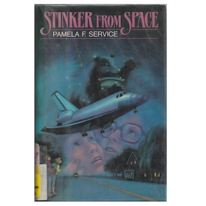 May include: A vintage paperback book titled "Stinker From Space" by Pamela F. Service. The cover art features a space shuttle, a bear-like creature, and two children looking up in awe. The background is a dark blue night sky.