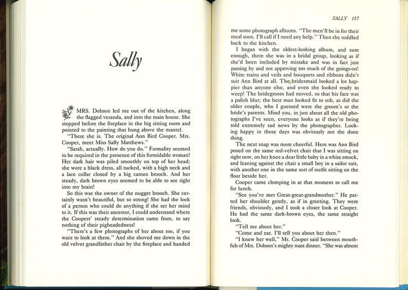 May include: An open book with text on aged paper. The title "Sally" is at the top of the left page. The text is in a serif font, and the pages are slightly yellowed, suggesting age.