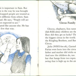 May include: Illustration from a children's book. The left page shows two children, one touching the other's hand. The right page has a drawing of a person on a trapeze and text that reads "Circus Family".