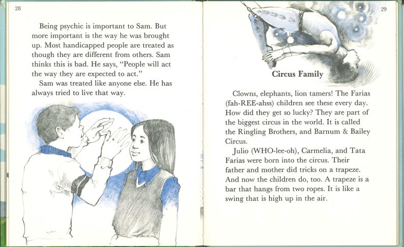 May include: Illustration from a children's book. The left page shows two children, one touching the other's hand. The right page has a drawing of a person on a trapeze and text that reads "Circus Family".