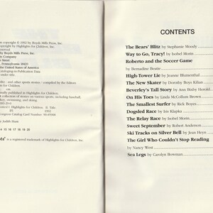 May include: Open book pages with the "CONTENTS" section of a children's book. The table of contents lists stories such as "The Bears' Blitz" and "Way to Go, Tracy!" The book is titled "Highlights for Children."