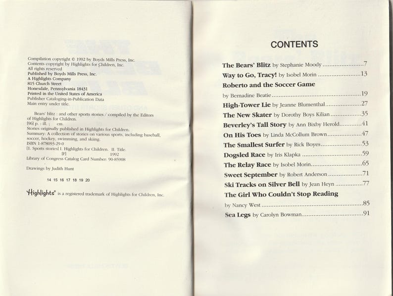 May include: Open book pages with the "CONTENTS" section of a children's book. The table of contents lists stories such as "The Bears' Blitz" and "Way to Go, Tracy!" The book is titled "Highlights for Children."