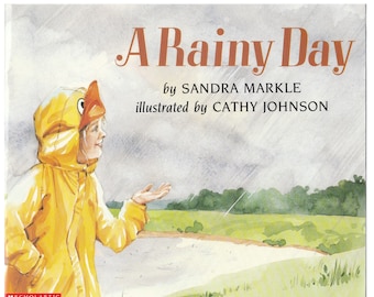 May include: A child wearing a yellow raincoat with a duck design on the hood stands in a field with a pond in the background. The sky is gray and it is raining. The book title "A Rainy Day" is written in large, bold letters at the top of the image. The author and illustrator are listed below the title.