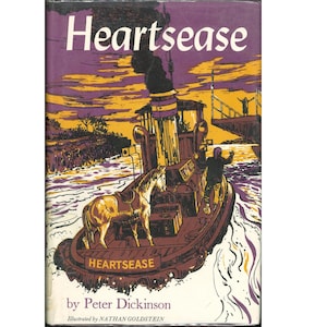 May include: A vintage book cover for "Heartsease" by Peter Dickinson. The illustration depicts a boat with a horse on board, a man, and a steamboat. The background features a sunset with purple and yellow hues. The title is in white.