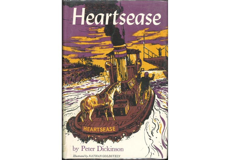 May include: A vintage book cover for "Heartsease" by Peter Dickinson. The illustration depicts a boat with a horse on board, a man, and a steamboat. The background features a sunset with purple and yellow hues. The title is in white.