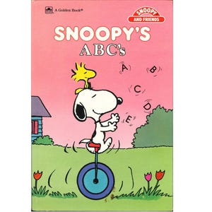 vintage Peanuts childrens alphabet letter picture book Snoopys ABC, preschool, Charles Schultz, comic strip cartoon character, Charlie Brown