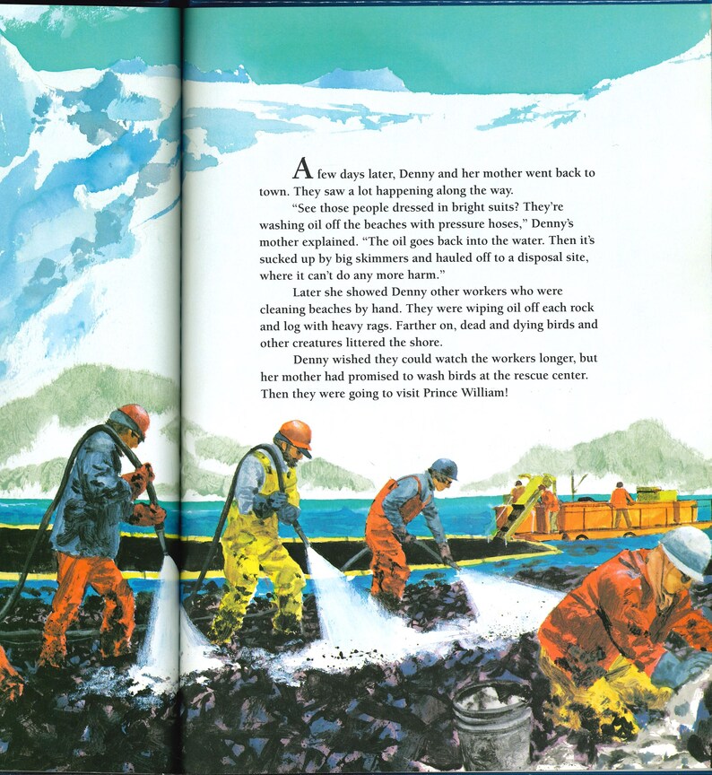 May include: Illustration from a children's book depicting workers in orange and yellow suits using pressure hoses to clean an oil spill on a beach. The scene includes text from the book.
