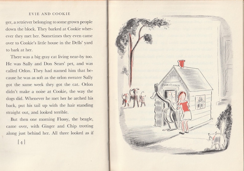May include: A black and white illustration of a girl standing in front of a small house with a red roof. A kangaroo stands next to her, and a cat sits on the ground nearby. The house has a sign that reads "Cookie's House".