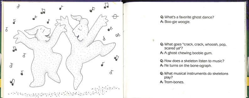 May include: An open book with a black and white illustration of two dancing ghost figures surrounded by musical notes. The right page contains a series of Halloween-themed jokes and answers.