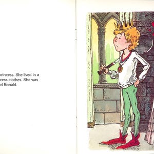 May include: A book page illustration featuring a prince in a white shirt, green pants, and red shoes standing next to a princess in a long pink gown. Both wear gold crowns. The text reads: Elizabeth was a beautiful princess. She lived in a castle.