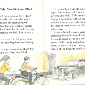 May include: Illustration from a children's book featuring text and drawings. The text reads "The Boy Who Wouldn't Act Blind." The image shows two children riding bicycles and a vintage car.