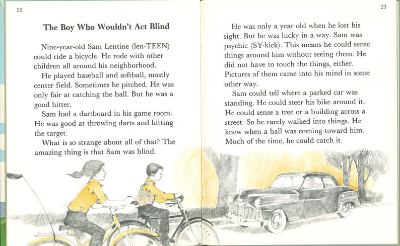May include: Illustration from a children's book featuring text and drawings. The text reads "The Boy Who Wouldn't Act Blind." The image shows two children riding bicycles and a vintage car.