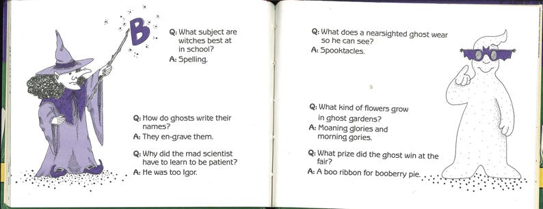 May include: Open book pages with Halloween-themed illustrations. One page features a purple witch with a wand and the letter "B". The other page shows a ghost wearing glasses. Text includes Halloween-related questions and answers.