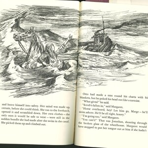 May include: An illustration from a book depicts a dramatic scene of a horse and a person struggling in turbulent water. A ship is visible in the background, rendered in black and white.