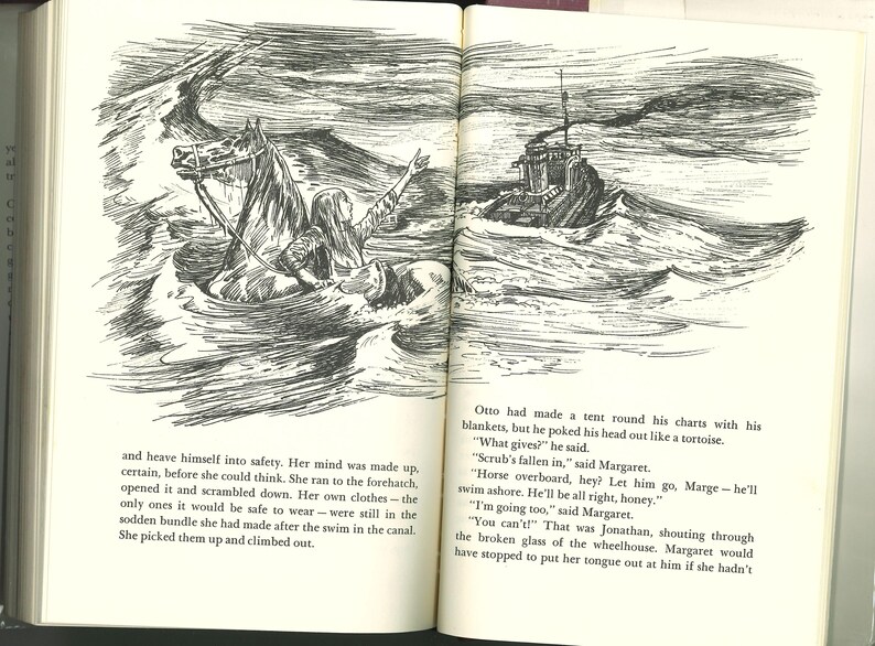 May include: An illustration from a book depicts a dramatic scene of a horse and a person struggling in turbulent water. A ship is visible in the background, rendered in black and white.