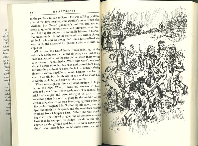 May include: An open book with a black and white illustration depicting a group of men in a field, some holding sticks, and a few women watching. The text on the page reads "HEARTSEASE".