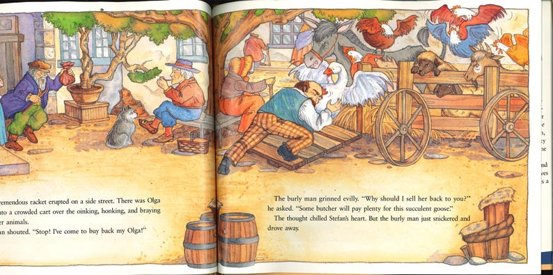 May include: A vibrant illustration from a children's book shows a lively village scene. A man examines a cart filled with animals, including a goose, chickens, and a goat. Other figures are in the background, with text at the bottom.