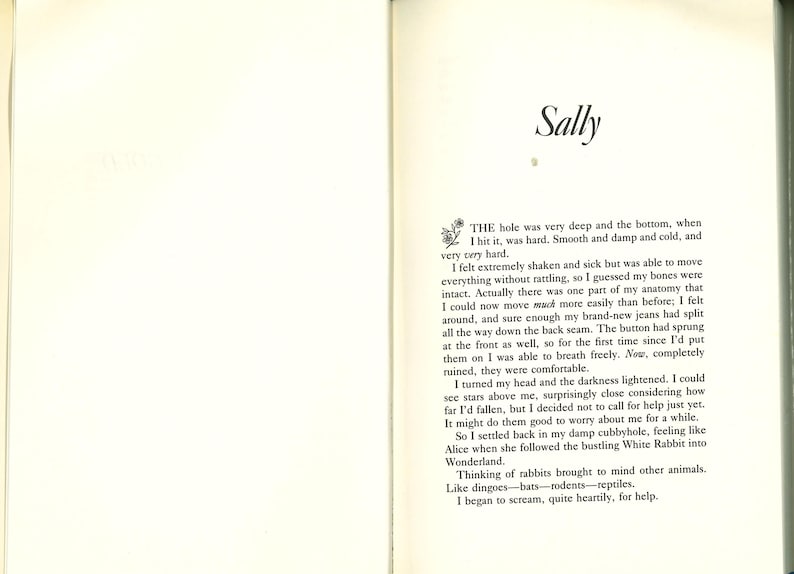 May include: Open book with text on two facing pages. The title "Sally" is at the top of the right page. The text is in black font on a cream-colored background. The text describes a fall and the narrator's thoughts.