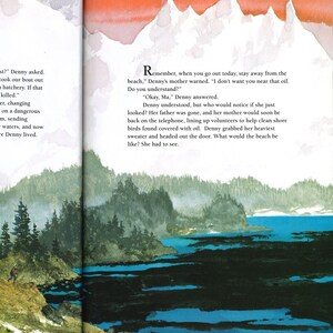 May include: A watercolor illustration depicts a coastal scene with mountains, trees, and water. The text reads, "Remember, when you go out today, stay away from the beach." A figure walks along the shore. The color palette includes blues, greens, and oranges.