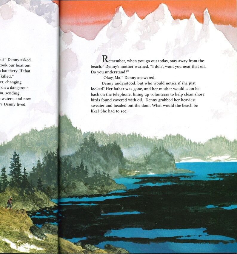 May include: A watercolor illustration depicts a coastal scene with mountains, trees, and water. The text reads, "Remember, when you go out today, stay away from the beach." A figure walks along the shore. The color palette includes blues, greens, and oranges.
