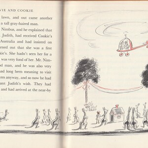 May include: A black and white illustration of a kangaroo party. The illustration shows a red helicopter flying over a group of kangaroos gathered around a small house. There are trees on either side of the house and a red ribbon strung between them.