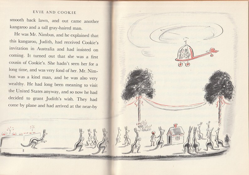 May include: A black and white illustration of a kangaroo party. The illustration shows a red helicopter flying over a group of kangaroos gathered around a small house. There are trees on either side of the house and a red ribbon strung between them.