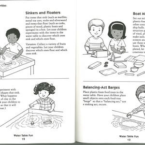May include: Black and white illustrations from a children's activity book. The pages show kids experimenting with water tables. Activities include sinkers and floaters, boat making, and balancing-act barges. Text includes instructions for each activity.