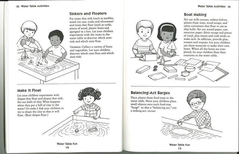 May include: Black and white illustrations from a children's activity book. The pages show kids experimenting with water tables. Activities include sinkers and floaters, boat making, and balancing-act barges. Text includes instructions for each activity.