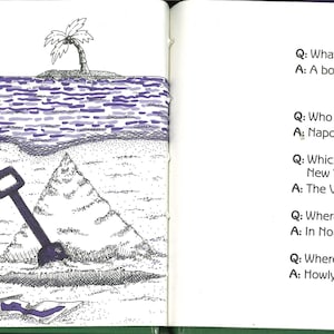 May include: A children's book illustration featuring a cartoon pirate on a beach with a treasure chest, shovel, and sandcastle. The pirate is wearing an eye patch and holding a sword. Text on the right side poses riddles and answers.