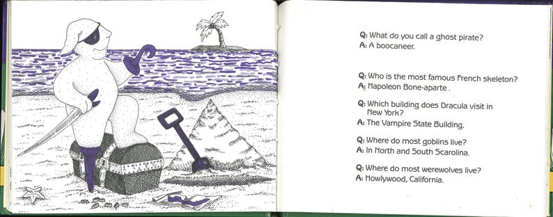 May include: A children's book illustration featuring a cartoon pirate on a beach with a treasure chest, shovel, and sandcastle. The pirate is wearing an eye patch and holding a sword. Text on the right side poses riddles and answers.