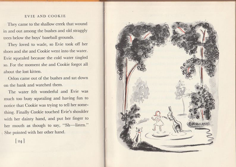 May include: A black and white illustration of a girl and a kangaroo standing in a shallow creek. The girl is wearing a red dress and the kangaroo is standing on its hind legs. There are trees in the background.