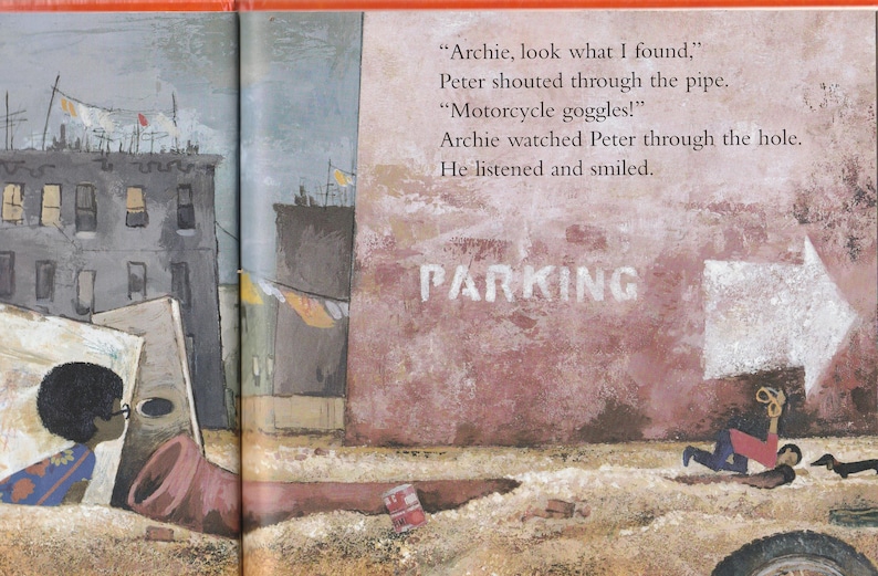 K&ouml;nnte beinhalten: Eine bunte Illustration einer Stadtszene mit zwei spielenden Kindern. Ein Kind schaut durch ein Rohr und das andere Kind h&ouml;rt zu. Der Text "PARKING" ist an einer roten Wand zu sehen.