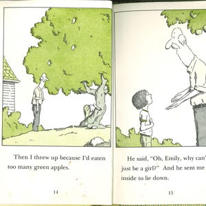May include: A two-page spread from a book featuring black and white line drawings with green watercolor accents. The left page shows a person standing near a tree and text reading: Then I threw up because I'd eaten too many green apples. 14.