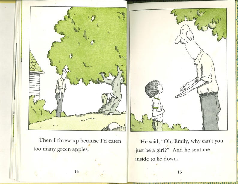 May include: A two-page spread from a book featuring black and white line drawings with green watercolor accents. The left page shows a person standing near a tree and text reading: Then I threw up because I'd eaten too many green apples. 14.