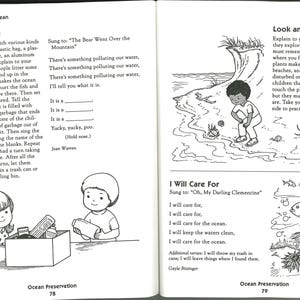May include: Black and white illustrations from a children's book about ocean preservation. One page shows children sorting garbage, the other shows a child near the ocean. Text includes song lyrics.